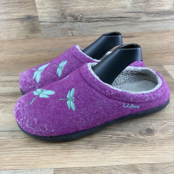 LL Bean pink felt blue dragonfly clogs heels warm flat...